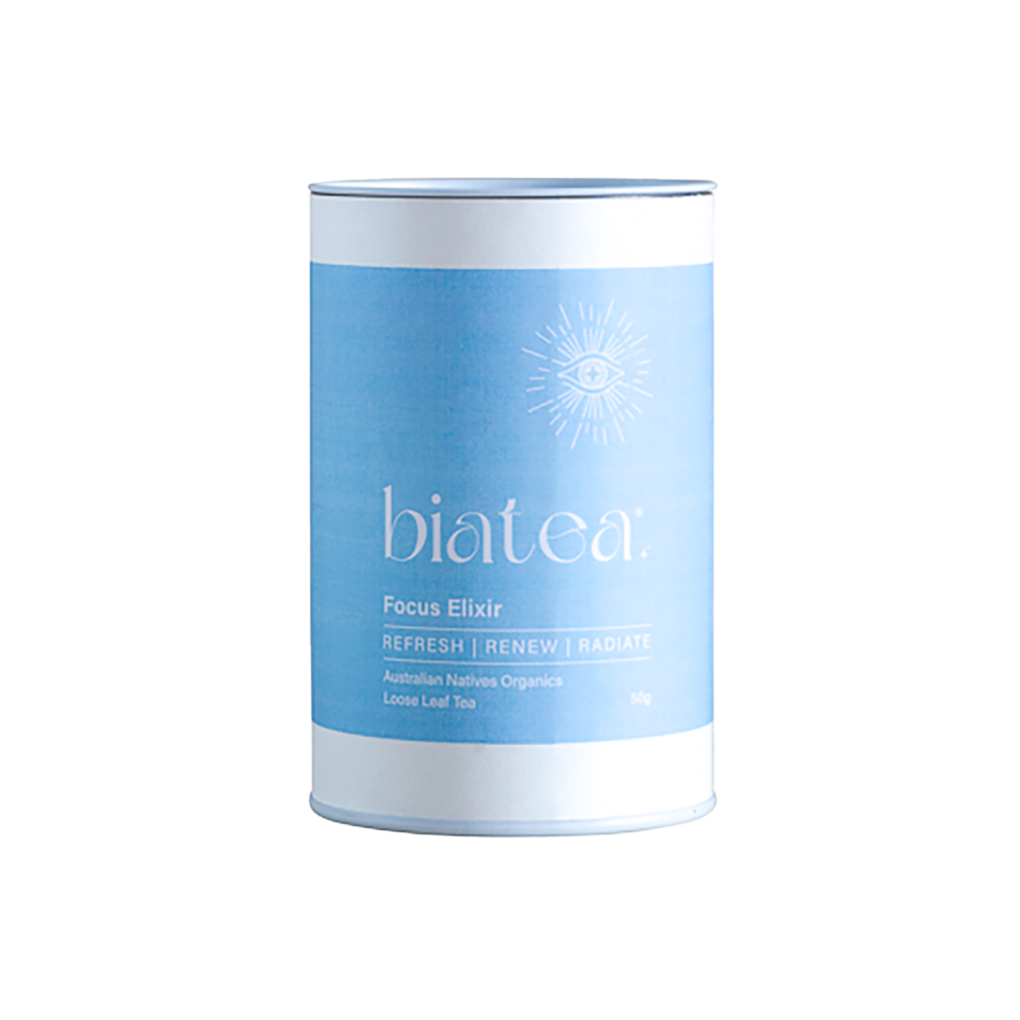 Focus Elixir Tea Tin with blue label