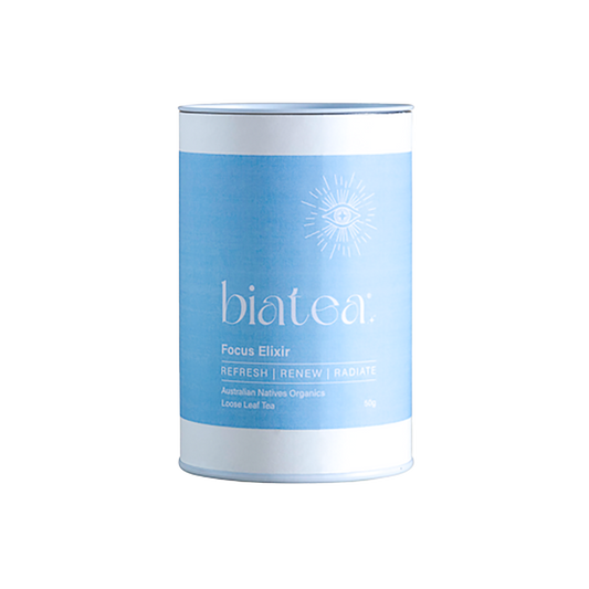 Focus Elixir Tea Tin with blue label 